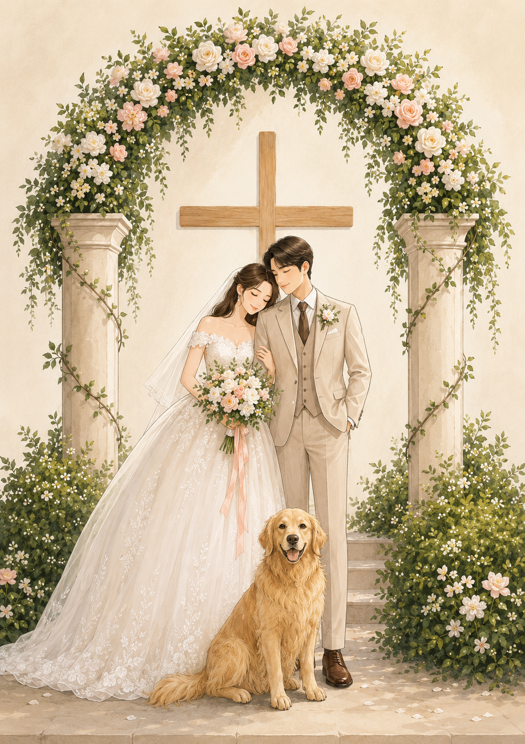 Мөнх-Эрдэнэ, Энхжин хоёр цэцгэн хуримын аркны доор golden retriever нохойтойгоо